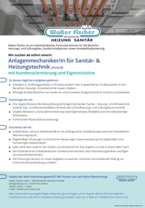 Stellenanzeige Anlagenmechaniker