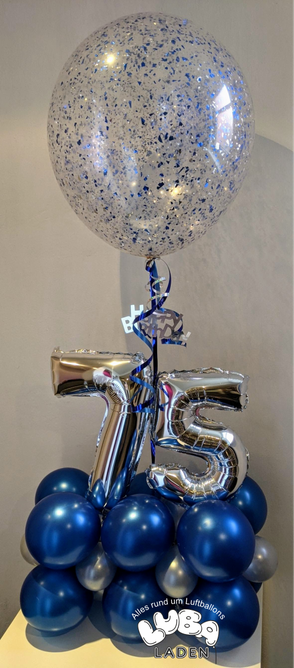 Konfettiballon in blau und silber mit Helium gefüllt Folienballon Zahlen 7 und 5