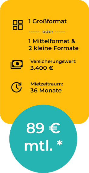 Kunst mieten Preise - Beispiel 01 - Kunstwerke im Wert von 3.400 EUR für 36 Monate mieten, 89 EUR monatlich zzgl. MwSt. - Galerie ARTprotect