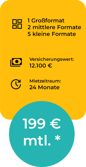 Kunst mieten Preise - Beispiel 02 - Kunstwerke im Wert von 12.100 EUR für 24 Monate mieten, 199 EUR monatlich zzgl MwSt. - Galerie ARTprotect