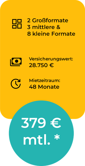 Kunst mieten Preise - Beispiel 03 - Kunstwerke im Wert von 28.750 EUR für 48 Monate mieten, 379 EUR monatlich zzgl MwSt. - Galerie ARTprotect