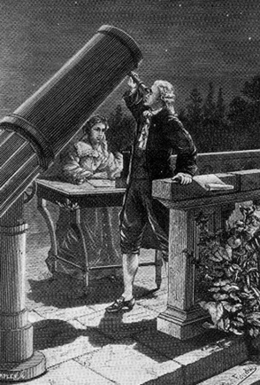 Holzstich eines Holzstechers namens Kemplen nach einem Entwurf von Paul Fouché. Es zeigt Wilhelm und Caroline Herschel bei der Entdeckung des Uranus am 13. März 1781.