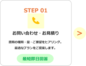 お問い合わせ・お見積り 書類の種類・量・ご要望をヒアリング。 最適なプランをご提案します。最短即日回答