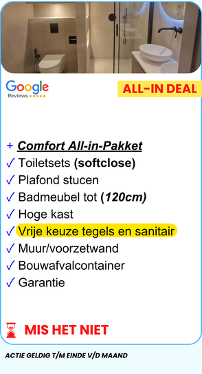 Premium All-In badkamerrenovatiepakket van Badkamer-Direct inclusief montage, sanitair en tegels
