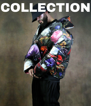 men wearing a floral puffer coat and bucket hat
