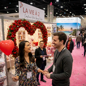 Un couple d'amoureux devant un stand du salon la vie a 2