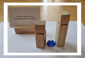 Bild einer Figurenaufstellung mit zwei Aufstellungsfiguren mit einem blauen Glasstein und einer Karte im Hintergrund mit der Frage Was ist aktuell und zukünftig deine Priorität