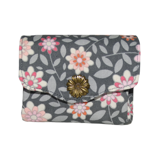 Petit porte-monnaie accordéon pour femme, porte-cartes, 3 compartiments, en tissu gris avec des fleurs, bouton pression métallique fleurs, idée cadeau femme