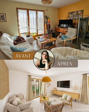 transformation salon avant après à Saint-Jean-le-Priche avec décoration naturelle, mobilier bois et ambiance chaleureuse