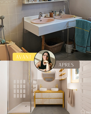 rénovation salle de bain avant après à Saint-Jean-le-Priche avec douche moderne, double vasque et décoration naturelle