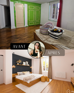 transformation chambre avant après à Saint-Symphorien-d’Ancelles avec décoration moderne, tête de lit murale et ambiance chaleureuse