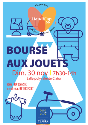 Bourse aux jouets et affaires de puériculture, le 7 novembre 2021 à Claira organisée par l'association Handi'Cap 66
