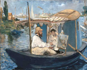 Monet, Monet pintando en el estudio flotante. Óleo sobre lienzo, 81 x 100 cm. Neue Pinakothek, Munich. 1974