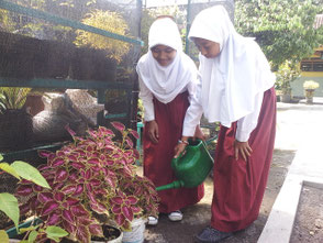 Adella and friend, watering plants at the schoolyard