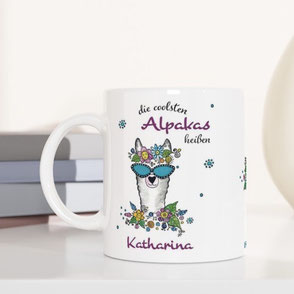 Personalisierte Tasse mit Alpaka und Namen von UKo-Art