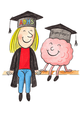 Illustration einer Person und eines Gehirns als Teamplayer zum Thema ADHS und Selbstregulation im Alltag