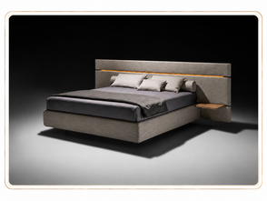 Camera da letto moderna con letto imbottito, testiera attrezzata, comodini integrati e illuminazione d’atmosfera.