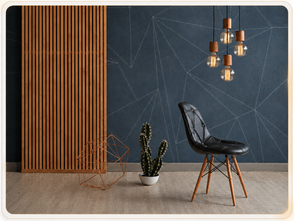 Illuminazione decorativa con lampade sospese, carta da parati, pannelli decorativi e dettagli d’arredo per interni.
