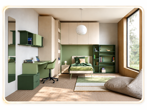 Cameretta moderna per bambini e ragazzi con letto singolo, scrivania, armadi, libreria e soluzioni contenitive.