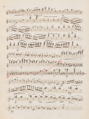 ヴァイオリンパート譜。フィナーレの修正箇所。赤鉛筆の印までがビューラーの筆跡。以降は明らかにラインベルガーの筆跡になっている。このように全パート修正が施されている