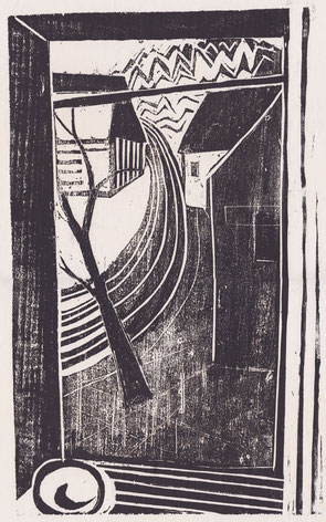 Holzschnitt 1953, Dorfstraße, 32,5 x 20 cm