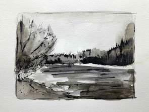 Aquarellskizze, schwarz, altes Wehr, Lech
