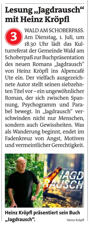 Heinz Kröpfl Lesung Jagdrausch Alpencafé Ute Kulturreferat Wald am Schoberpaß ungewöhnlicher Roman zwischen Spannung Psychogramm Parabel verschwinden Menschen Gewissheiten Wanderung Fadenkreuz von Angst Motiven und vermeintlicher Gerechtigkeit