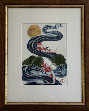 Japanese Nihonga painting showing koi fishes swimming between lotos flowers and the moon traditional Asian artwork for your home art for sale