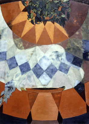francois beaudry encaustique peinture tableau bas-relief nature morte feuille pot terracotta motif géométrique