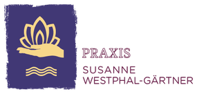 Logo der Praxis Susanne Westphal-Gärtner: eine gezeichnete Hand hält eine Lotusblüte auf lilafarbenem Hintergrund