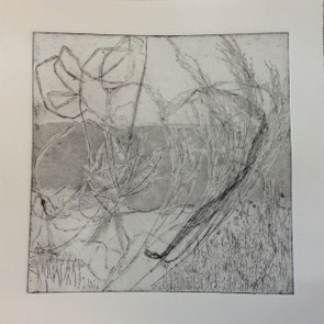 "au bord de l'étang" 2019 - pointe sèche, eau forte, aquatinte, vernis mou
