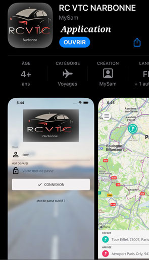 image de l'applicatio de VTC RC VTC Narbonne, on y voit une photo écran de la page d'accueil de l'application et une autre photo écran de la carte map Google pour géolocalisation automatique du client et du chauffeur.