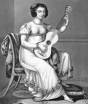 Gitarrenspielerin mit Chemise, in: F. Molino: Nouvelle Méthode Complette. 1817.