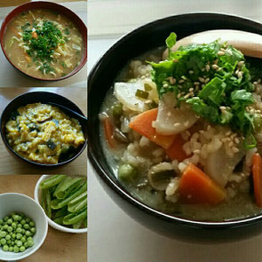 近所の八百屋さんから、有機グリーンピース入りご飯を炊く場合は、さやの部分も一緒に炊き込むことで香りが出るよ!と教えてもらいました。確かにいつもと香りがまた違って、グリーンピースの味が濃厚に感じたように思います。お試しあれ。写真は、我が家の昨今の「おじや」レパートリー。玄米ラーメンにも、玄米ご飯をおじや風に入れてみました(笑)