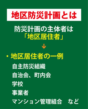 地区防災計画,自発的な防災活動,ボトムアップ型,自主防災組織,自治会,町内会,学校,事業者,マンション管理組合