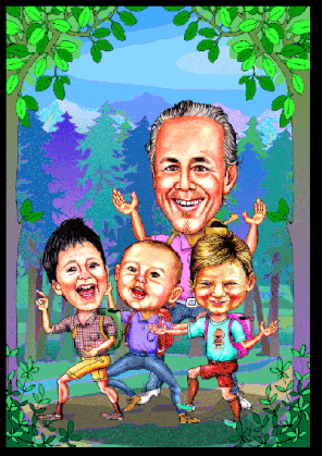 Karikaturen zeichnen lassen, ein Mann wandert mit Kindern.