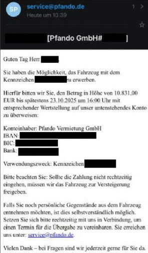 Pfando Auto weggenommen und heimlich sichergestellt, Rückkauf angeboten, viel Geld binnen kurzer Zeit