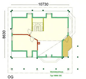 Grundriss Planung OG: Blockbohlenhaus mit Galerie - Typ 146 NI