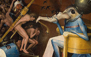The Garden of Earthly Delights — detail from the painting by Jheronimus Bosch depicting a nude figure with an object positioned between or behind the body, merging corporeality, punishment and absurdity within a surreal moral universe.