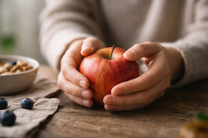 mani che tengono una mela, portare la consapevolezza a tavola con la mindfulness eating aiuta contro la fame emotiva