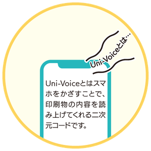 スマホ画面に音声で読み上げているテキストが表示されているイラスト。音声も流れているイメージ