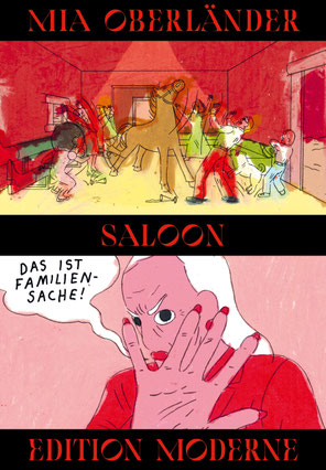 Auf dem Cover von "Saloon" toben Menschen, ein Pferd und ein Hund durch die Wohnung. Darunter eine Person mit erhobener Hand und Sprechblase: Das ist Familiensache!