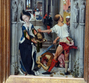 Dark sideless surcot trimmed with white fur, worn over a blue BLIAUT. After Rogier van der Weyden, Altarpiece of St John the Baptist, Städel, Frankfurt - Middle Ages dress