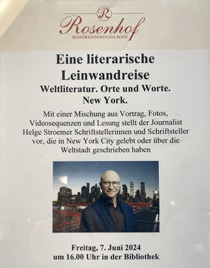 Eine literarische Leinwandreise, Weltliteratur. Orte und Worte. New York, im Rosenhof Großhansdorf 2, Juni 2024