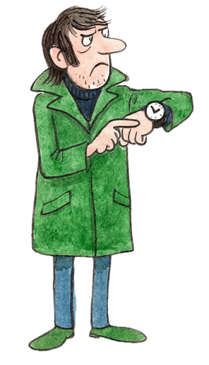 Illustration eines Mannes im grünen Mantel, der unzufrieden auf seine Armbanduhr zeigt, symbolisiert Vergesslichkeit und Herausforderungen des prospektiven Gedächtnisses bei ADHS.