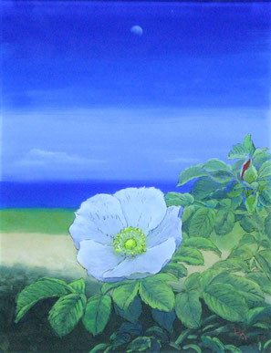 「北の花」158×227（0F）ガラス絵　￥104,500(税込)/はまなすの花は北海道のイメージです。南限の群生地は茨城の鹿嶋市で北海道まで行けず、ここで取材しました。