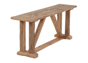 ST1: Rustikaler Stehtisch aus Eiche Altholz mit klassischem Balkengestell – ideal für Berghütten.