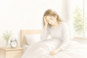 朝起きたときに体が重く、頭痛や自律神経の乱れに悩む女性のイラスト