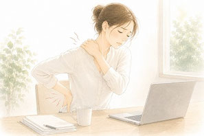 デスクワークやパソコン作業によるひどい肩こり・腰痛に悩む女性のイラスト