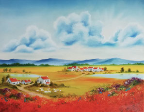 Landschaft mit Häusern - Ölgemälde - Kunst